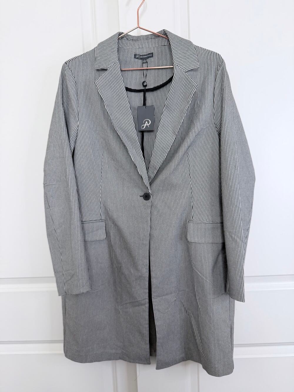Adrianna Papell Houndstooth Long One Button Blazer Jacket black white